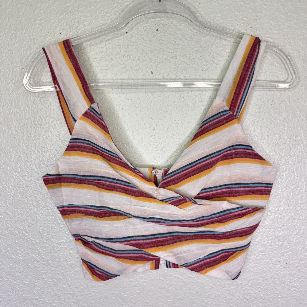 Just Bee Queen Crop Top Womens XS Striped Cropped V Neck Cotton USA Summer Boho